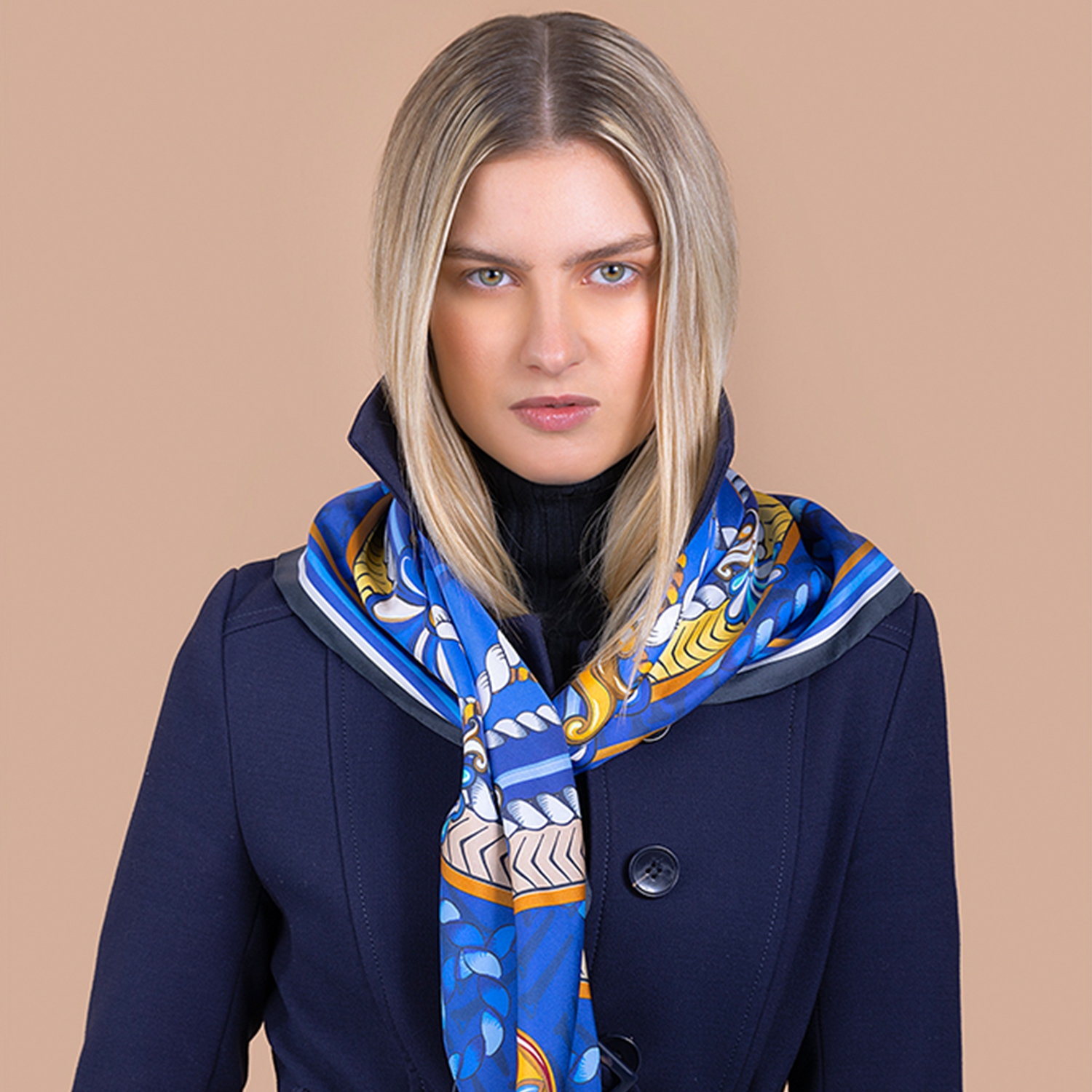 heritage silk scarf in blue on model