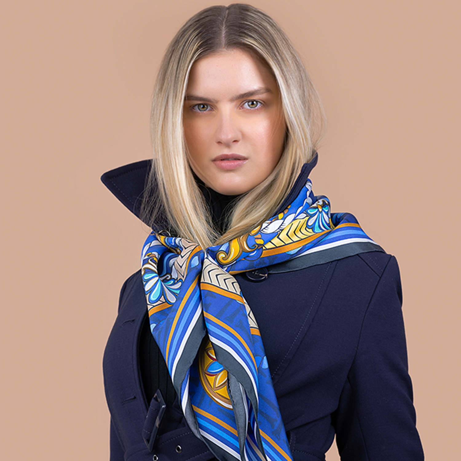 heritage silk scarf in blue on model 2